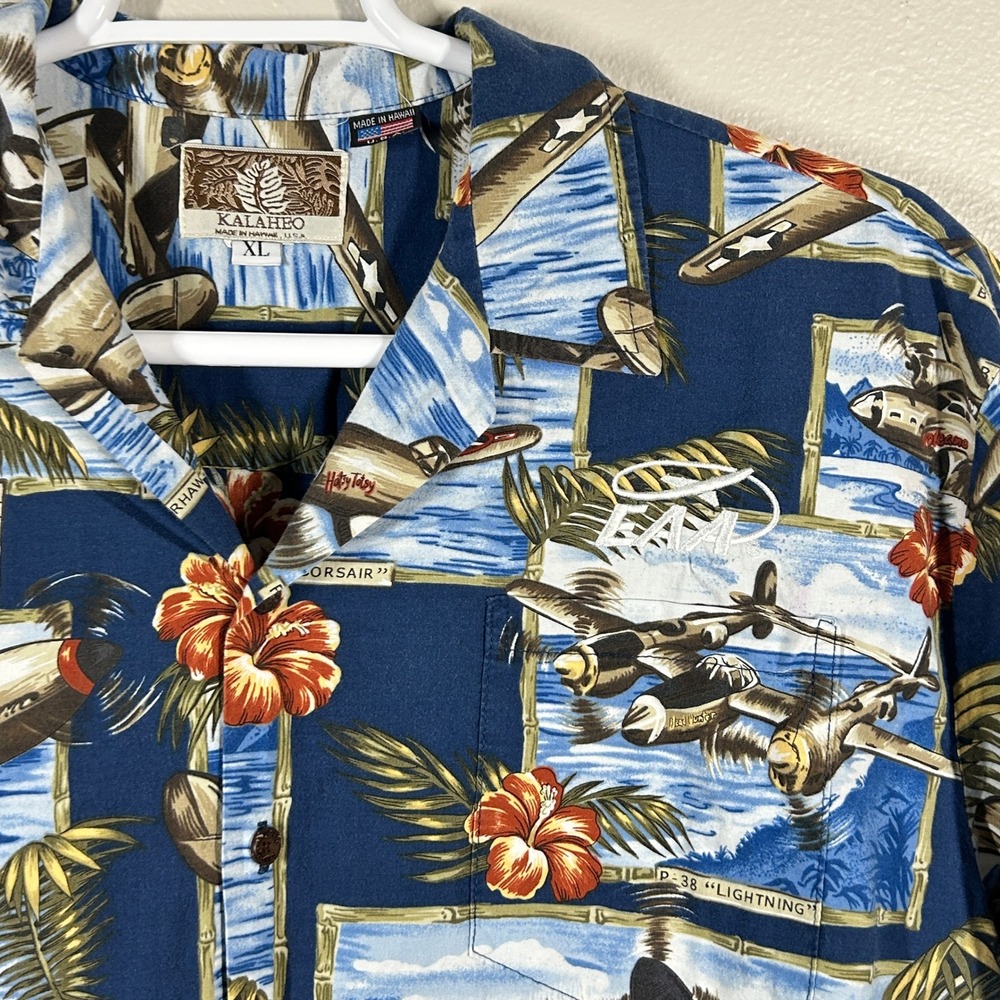Kalaheo Mens XL Hawaiian Shirt WWII Fighter Planes Aviation EAA Made in Hawaii